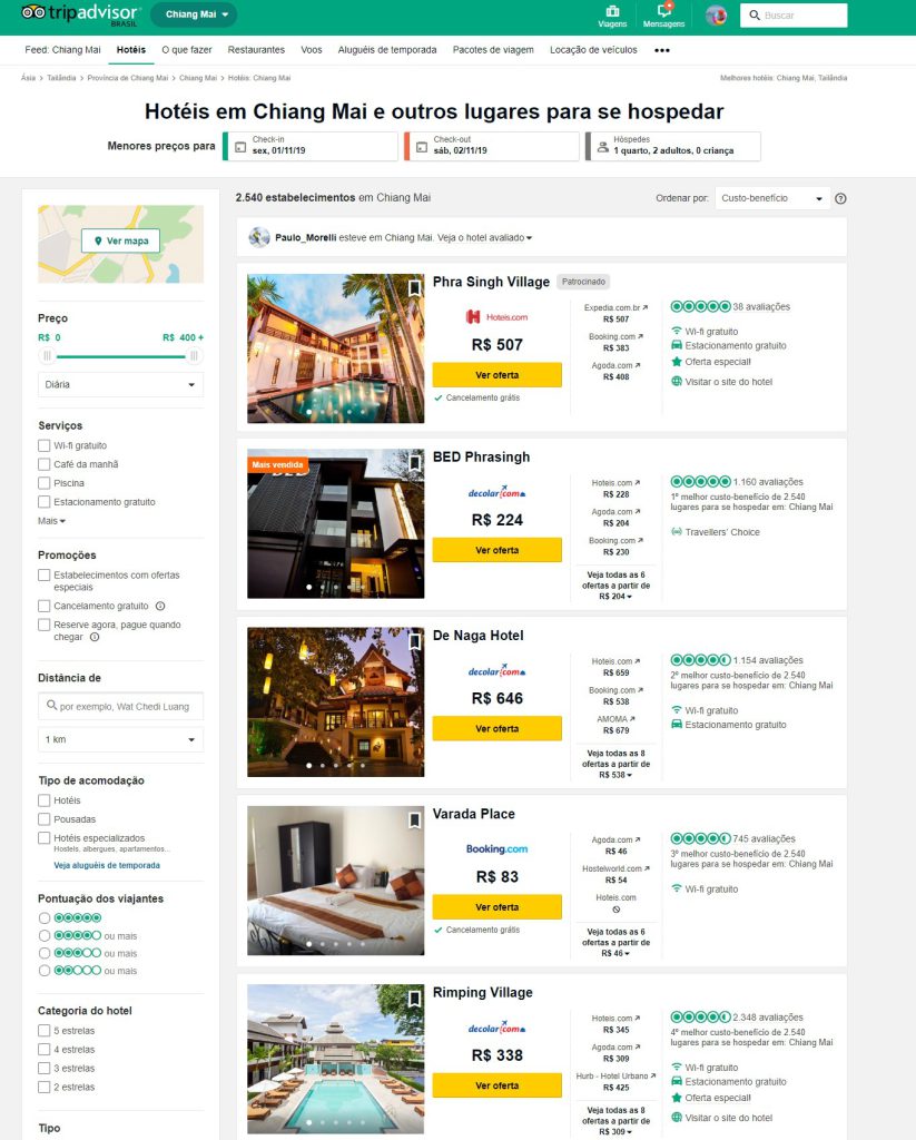 Aqui temos como exemplo uma busca na cidade de Chiang Mai em Novembro. Dá pra ver que o site está listando hotéis por custo benefício (lado direito) e que no lado esquerdo você pode selecionar a faixa de valor, o tipo de acomodação, número de estrelas, ponto de referência e até clicar no mapa, para ver os hotéis já colocados em perspectiva!
